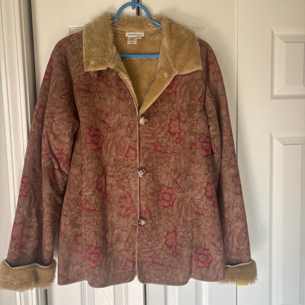 Coldwater Creek Floral Faux Suede Jacket Faux Fur Trim Penny Lane Boho Brown L - Picture 2 of 11